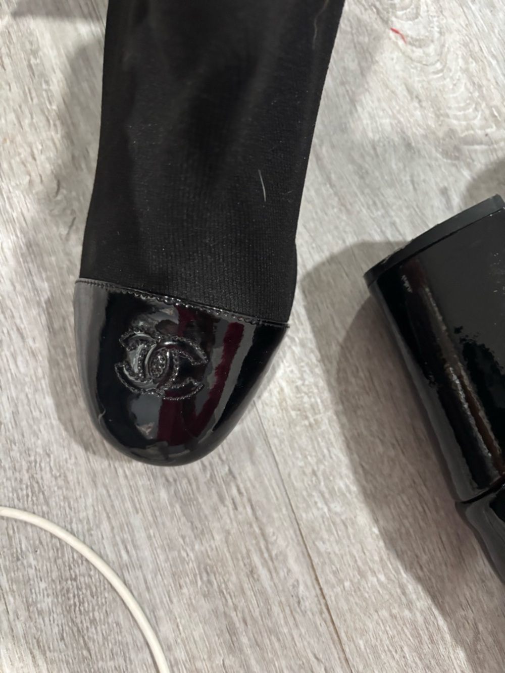 CHANEL Black Stretch Sock Boots with Glossy Patent Cap Toe - Picture 2 of 7